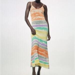 Zara Women's Multicolored Knit Sweater Maxi Midi Dress Medium Orange Purple